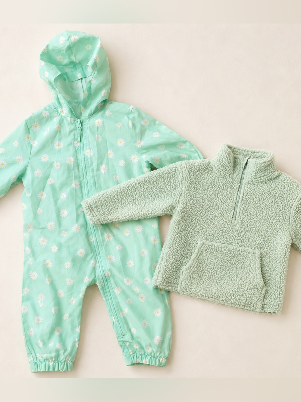 2T Girls Outerwear Bundle - Green Daisy Print Rainsuit & 3/4 Zip Sherpa Pullover